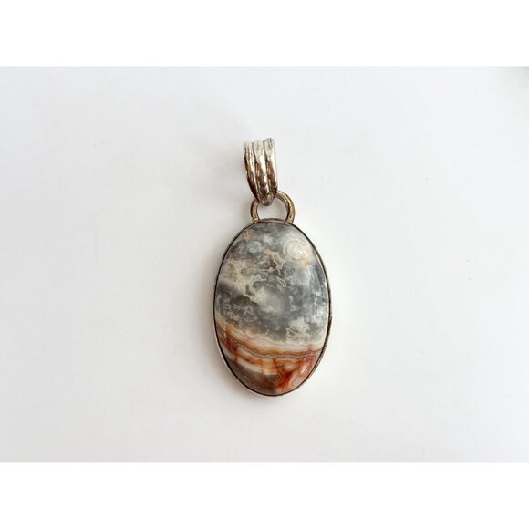 Polished Agate Gemstone Oval Sterling Silver Minimalist 925 Vintage Pendant - Picture 10 of 10